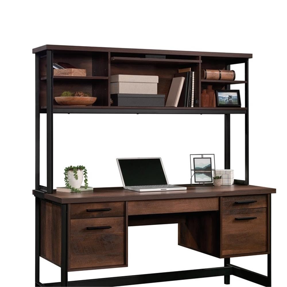 UrbanPro Engineered Wood and Metal Hutch, Barrel Oak Finish, 60 in Wide with Adjustable Shelves, Barrister-Style Door, Powder-Coated Frame, Durable Office or Home Storage