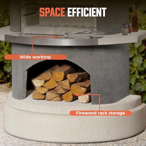 BIG HORN PRIME Concrete Outdoor Fireplace with Grill, Wood Burning Fireplace with Wood Storage and Chimney, Include Grill Rack & Charcoal Pan, 36.6" H
