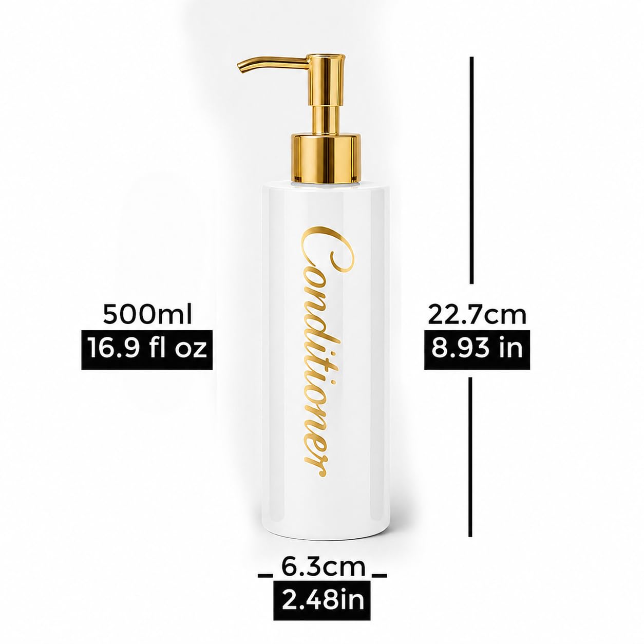 uMadeUs Shampoo and Conditioner Dispenser - Essentials Toiletry Bottles - Shower Refillable Shampoo and Body Wash Soap Pump Bottle – 3X 16oz Family Size Containers - White Round All Gold Pump