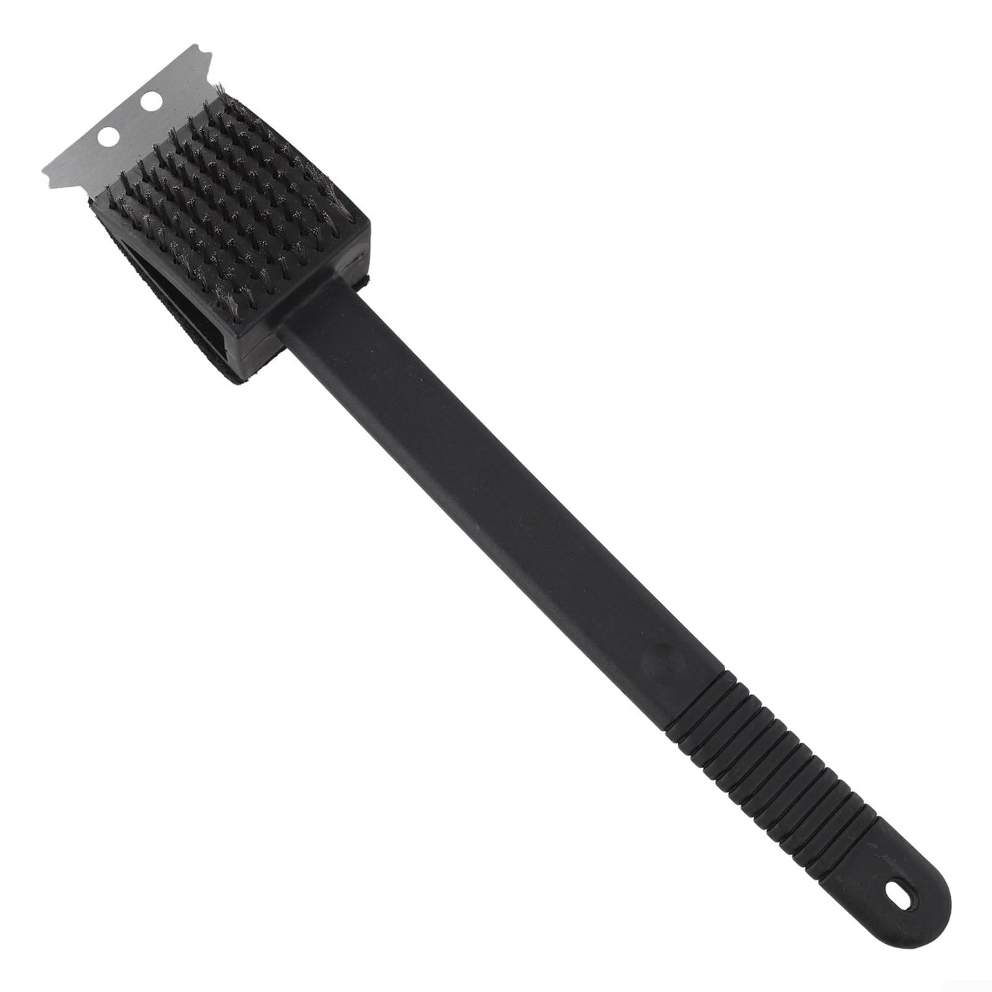 Three-in-One BBQ Grill Cleaning Brush with Stainless Steel Bristles, Scraper and Sponge, Ergonomic Handle for Outdoor Cooking Maintenance, Black 14.4 x 2.8 in