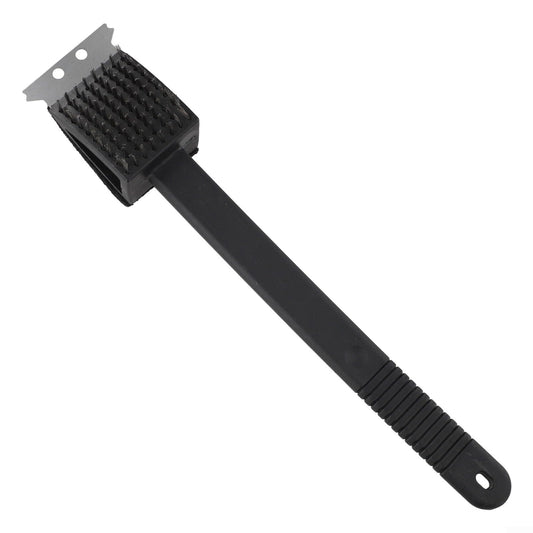 Three-in-One BBQ Grill Cleaning Brush with Stainless Steel Bristles, Scraper and Sponge, Ergonomic Handle for Outdoor Cooking Maintenance, Black 14.4 x 2.8 in