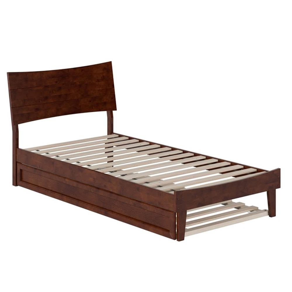 Pemberly Row Twin XL Solid Wood Platform Bed with Trundle, Walnut Finish, Horizontal Plank Headboard, Built-in Slat Kit, Durable Hardwood/Veneer Construction, 600 lb Capacity, Bedroom Furniture