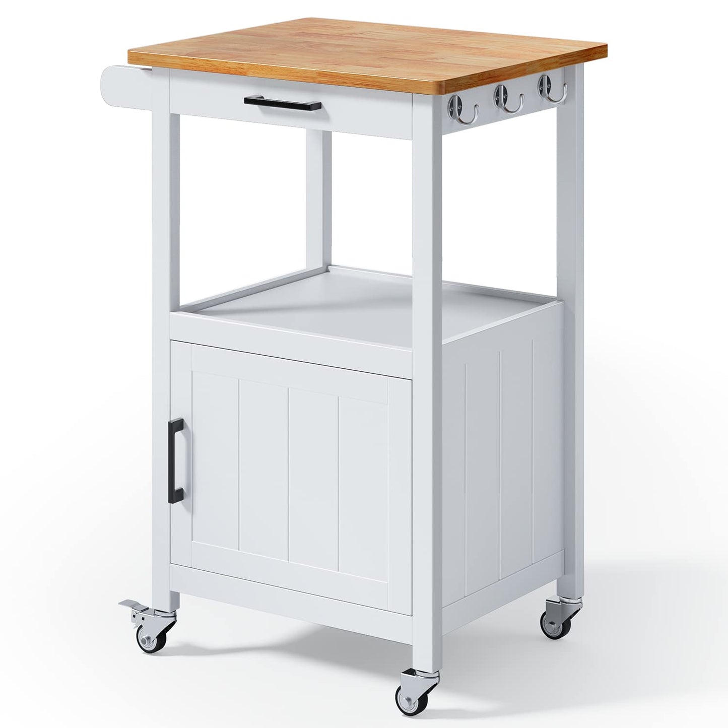 Qsun Kitchen Cart with Drawer, Small Kitchen Island on Wheels, Microwave Cart, Small Home Coffee Bar, Microwave Stand, Rolling Kitchen Island Cart with Side Hook, White