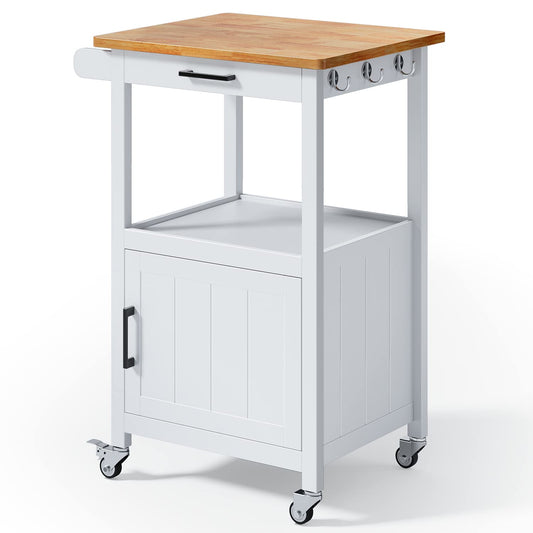 Qsun Kitchen Cart with Drawer, Small Kitchen Island on Wheels, Microwave Cart, Small Home Coffee Bar, Microwave Stand, Rolling Kitchen Island Cart with Side Hook, White
