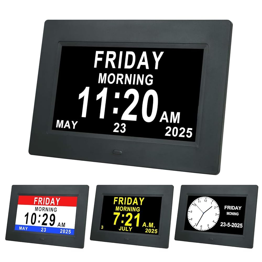 TMC Dementia Clocks for Seniors, Senior Clocks, Medicine Reminders with Alarms，Digital Clock for Bedroom, Entryway, Living Room, Study (7 inch Black)