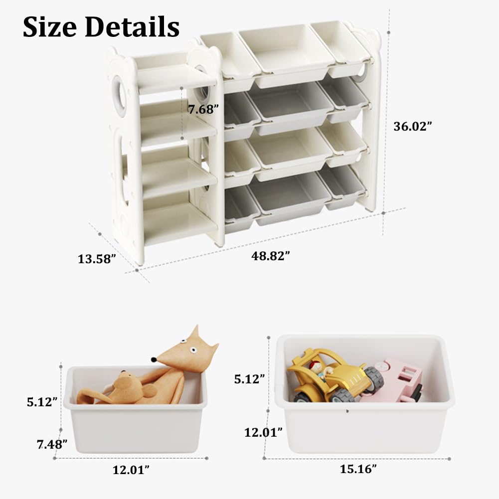 Deer COCO Tilted Front Toy Storage Organizer - 48" Wide HDPE Heavy Duty 3-in-1 Kids Furniture with 12 Bins for Baby Toddler - Montessori Playroom Organization for Legos & Stuffed Animals (Orange)