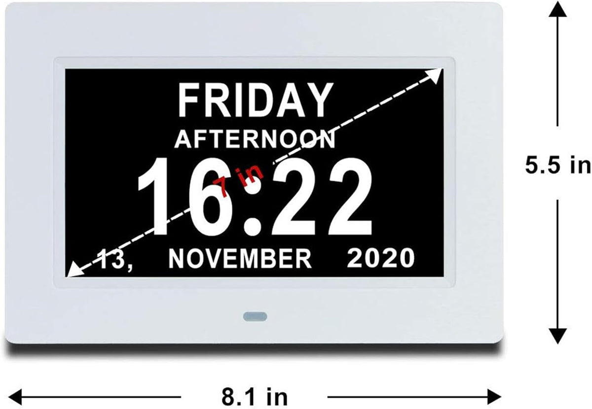 TMC Dementia Clocks for Seniors, Senior Clocks, Medicine Reminders with Alarms，Digital Clock for Bedroom, Entryway, Living Room, Study (7 inch White)
