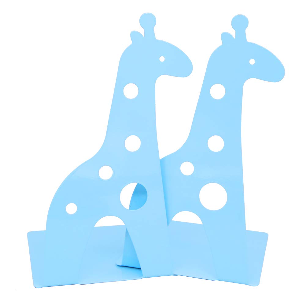 Cute Cartoon Giraffe Shape Nonskid Metal Bookends for Kids Gift Decoration (Light Blue)