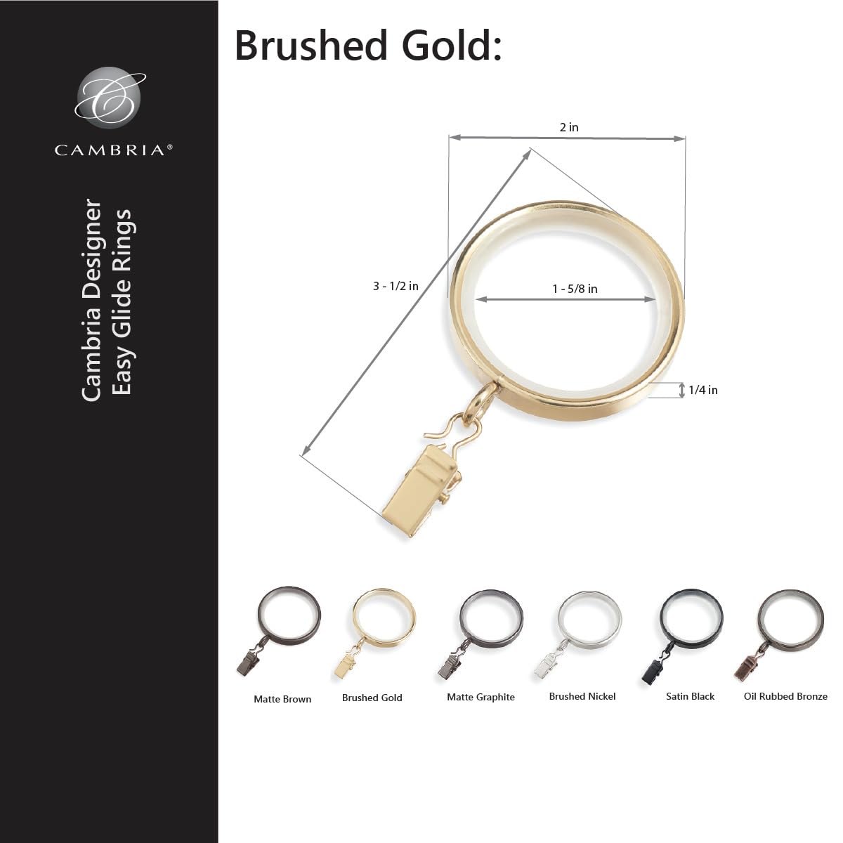 Cambria Designer 2" Brushed Gold Quiet Glide Curtain Rings 18 Pack