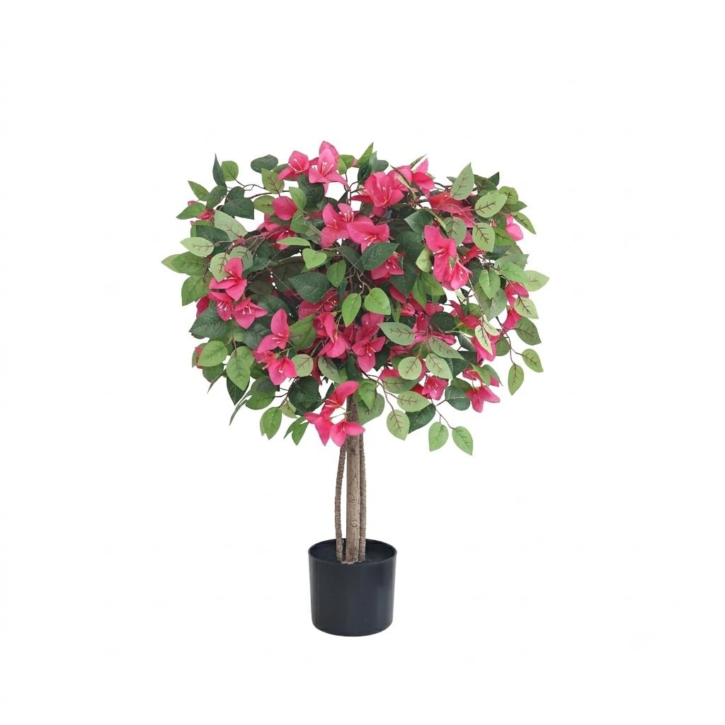 3FT Artificial Bougainvillea Tree Fake Silk Topiary Tree with Life-Like Trunk and Vibrant Pink Flowers, Faux Potted Plant for Home Office Indoor Outdoor Porch Patio Decor, Black Pot