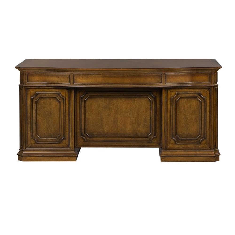 Pemberly Row Jr Executive Office Set, Medium Brown Finish, Antique Toffee Poplar & Birch Veneers, 5-Piece, Includes Desk, Credenza, Hutch, Adjustable Shelves, Touch LED Lighting, Wire Management
