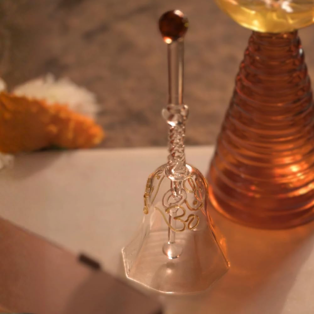 Glass Ringing Bell for Pooja & Mandir | Decorative Temple Bell for Home Decor, Housewarming, Wedding & Festive Gift (Amber)