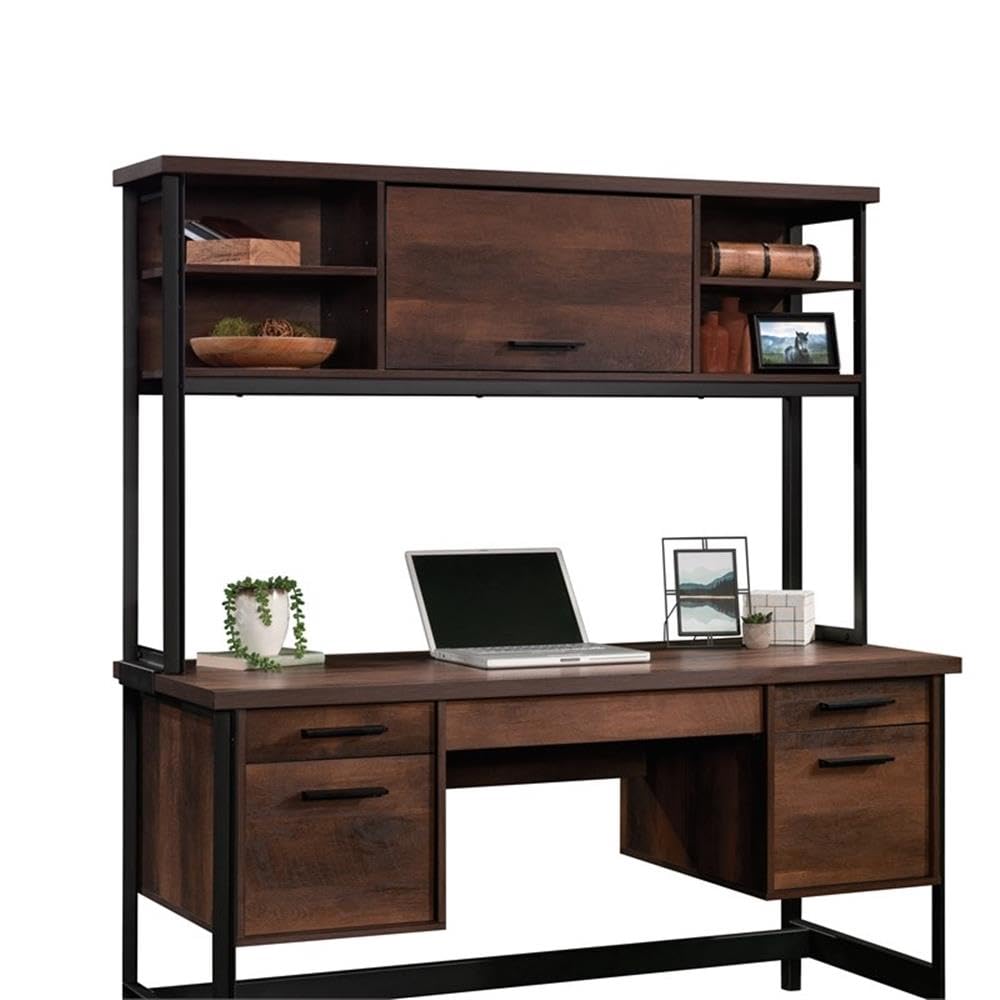 UrbanPro Engineered Wood and Metal Hutch, Barrel Oak Finish, 60 in Wide with Adjustable Shelves, Barrister-Style Door, Powder-Coated Frame, Durable Office or Home Storage