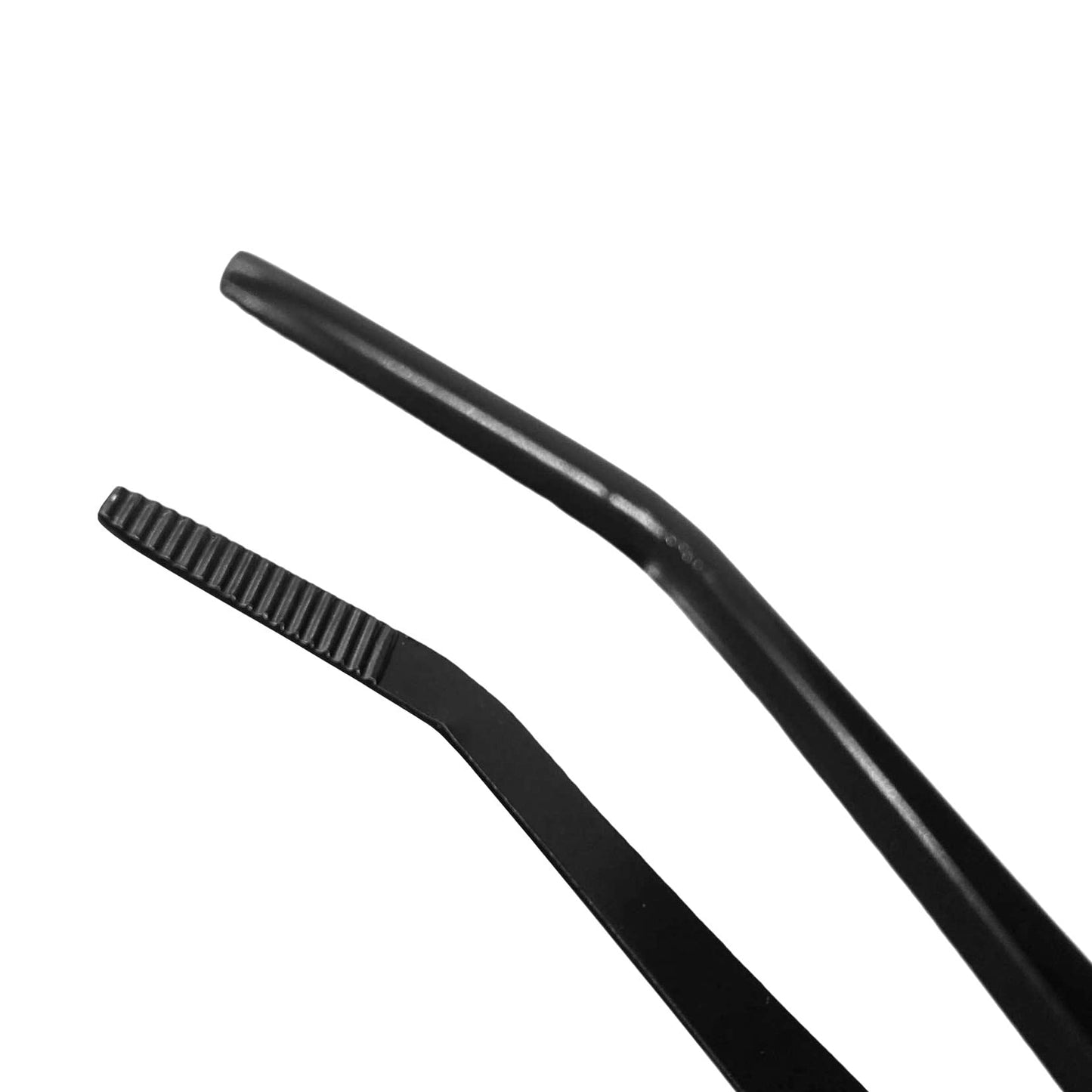 KAKURI Bonsai Tweezers Curved Serrated Tips with Spatula 8.8" - Made in Japan - Professional Bonsai Care Tool - Black Coated Japanese Stainless Steel