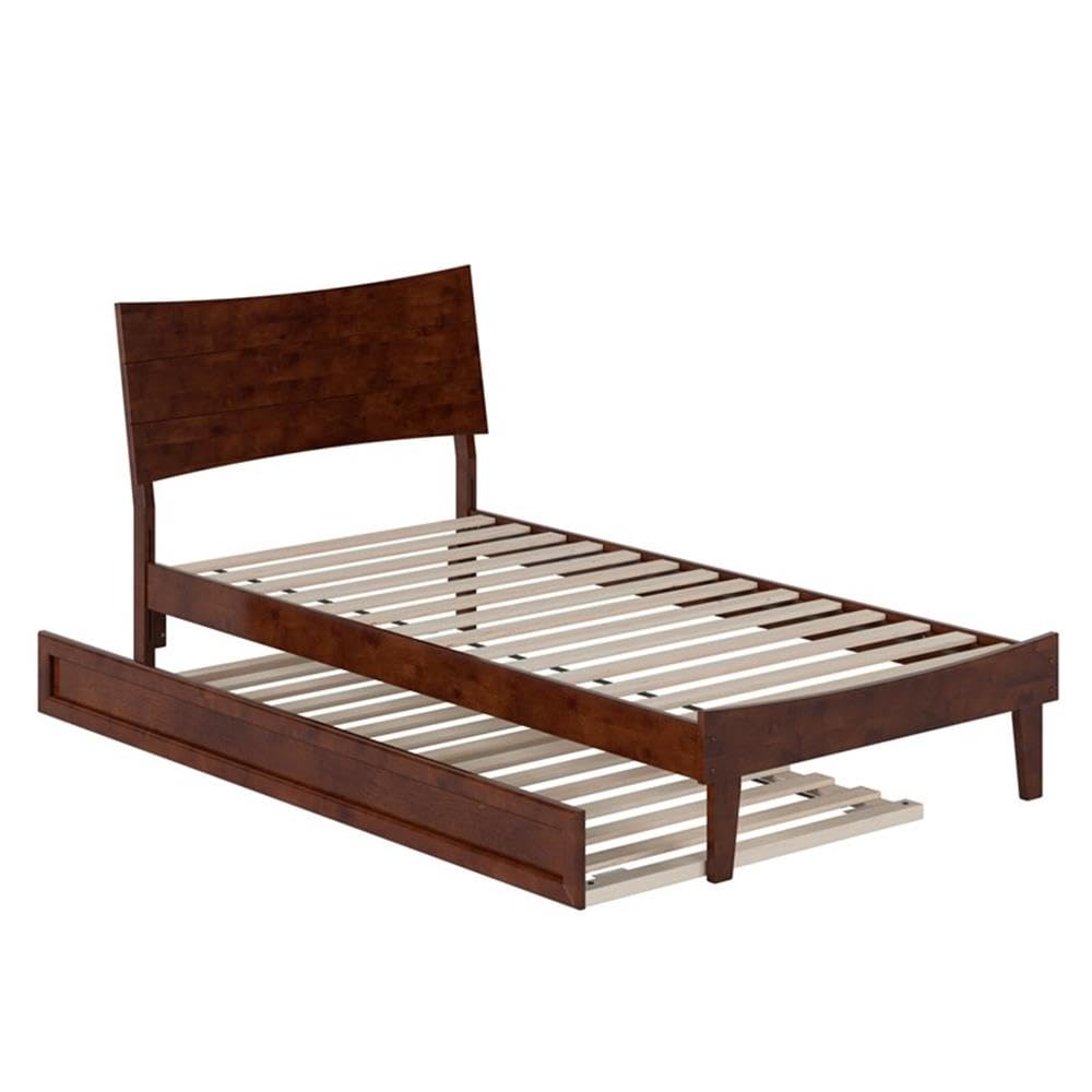 Pemberly Row Twin XL Solid Wood Platform Bed with Trundle, Walnut Finish, Horizontal Plank Headboard, Built-in Slat Kit, Durable Hardwood/Veneer Construction, 600 lb Capacity, Bedroom Furniture