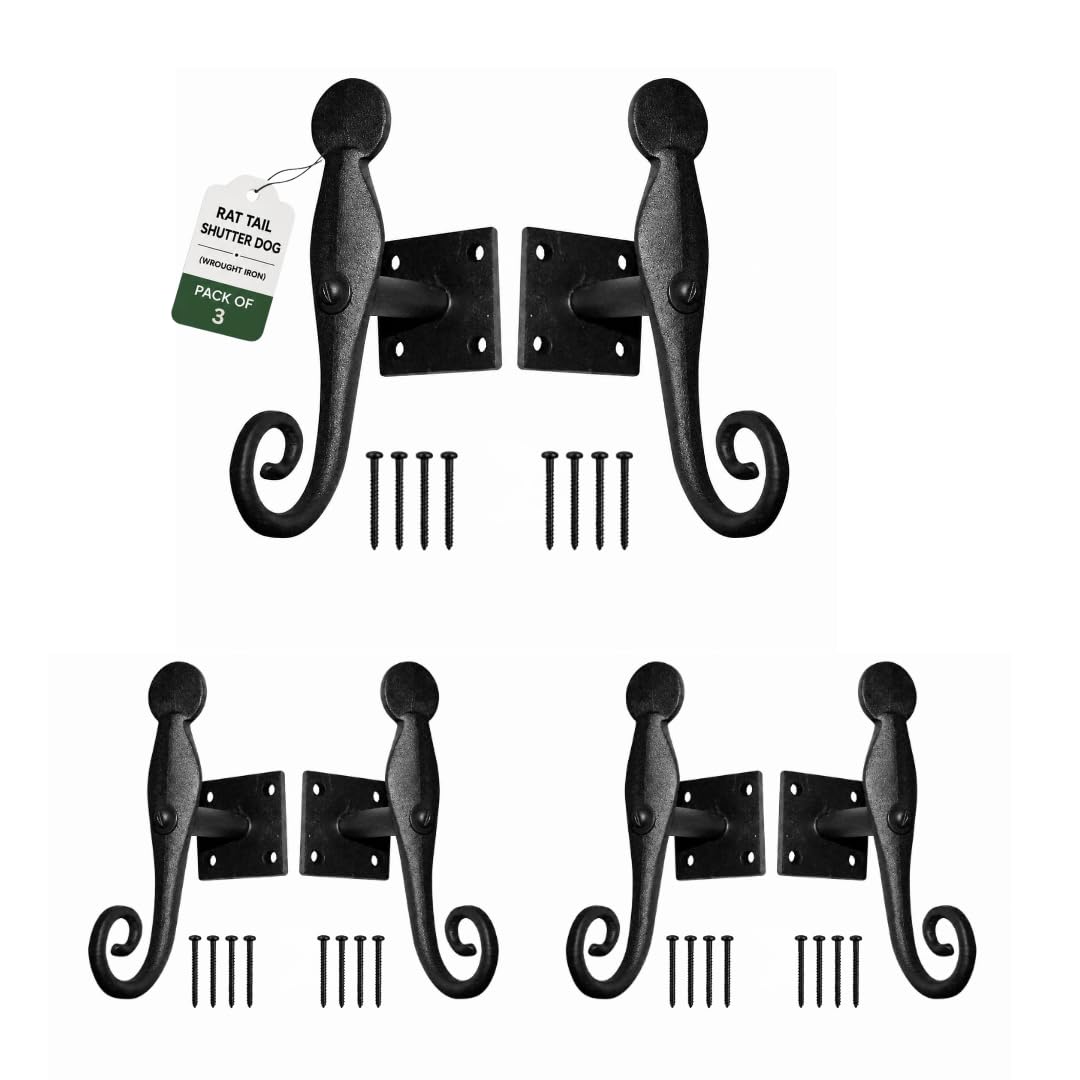 Renovators Supply Manufacturing Black Shutter Dogs 5.5 In Rat Tail Shaped Wrought Iron Shutter Dog Pair With Mounting Hardware Pack Of 3