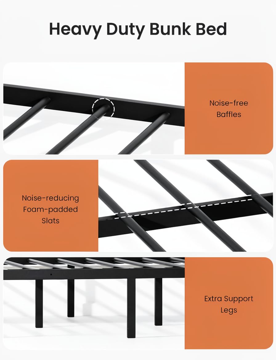 Twin XL Over Queen Bunk Bed, Heavy Duty 600lbs Bed Frame, Safety Guardrails