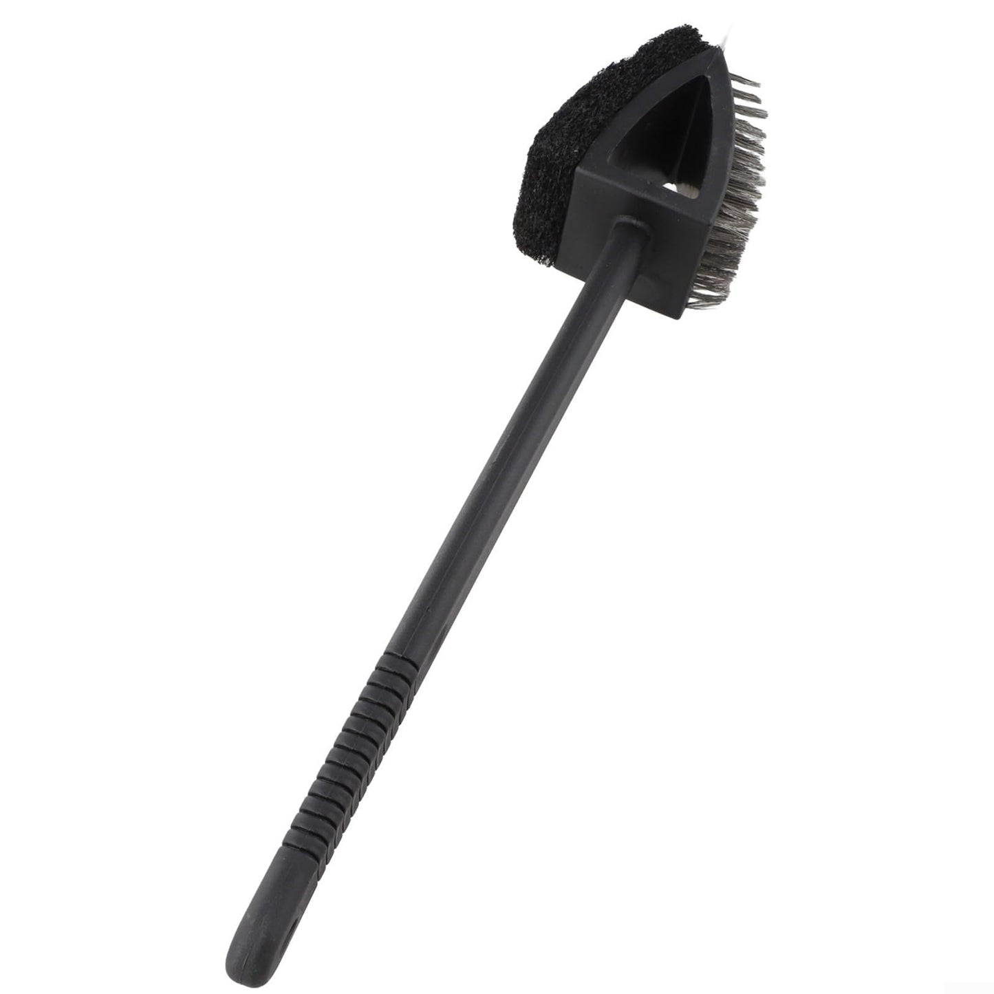 Three-in-One BBQ Grill Cleaning Brush with Stainless Steel Bristles, Scraper and Sponge, Ergonomic Handle for Outdoor Cooking Maintenance, Black 14.4 x 2.8 in