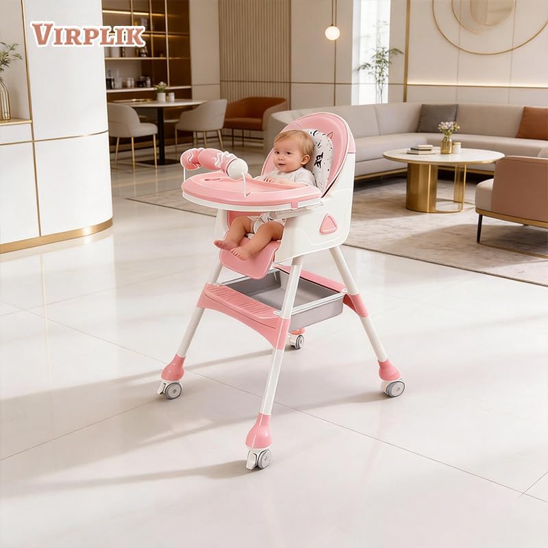 Foldable 4-in-1 Baby High Chair for Babies & Toddlers, High Chair with Detachable PU Cushion, Removable Tray, Adjustable Height, Locking Wheels,Pink