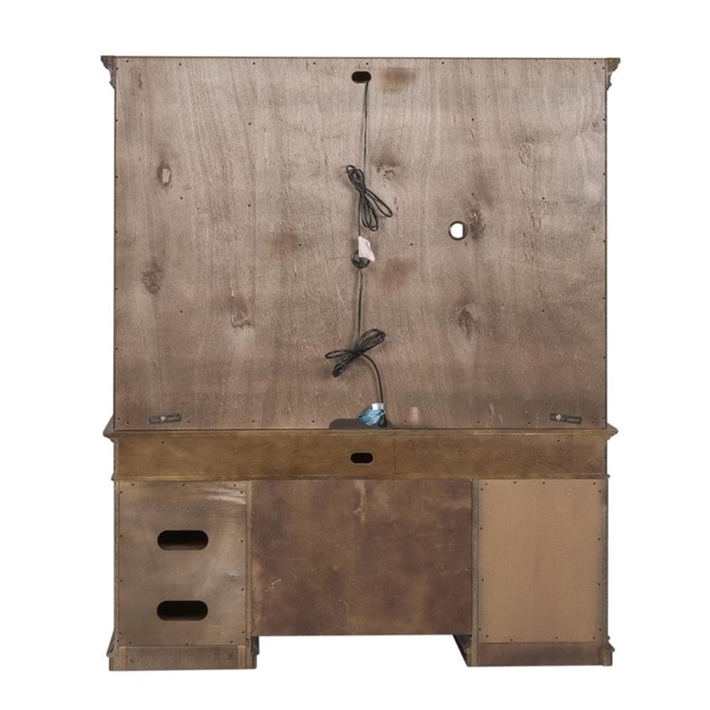 Pemberly Row Jr Executive Office Set, Medium Brown Finish, Antique Toffee Poplar & Birch Veneers, 5-Piece, Includes Desk, Credenza, Hutch, Adjustable Shelves, Touch LED Lighting, Wire Management