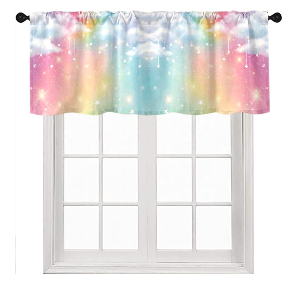 TFOSO Rainbow Valance Curtains,Kids Girls Cute Colorful Clouds Pastel Starry Sky Stars Aesthetic Short Drape for Living Room Cafe Restaurant Window Treatment 1 Panel 54" W x 18" L Inch