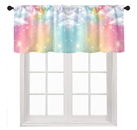 TFOSO Rainbow Valance Curtains,Kids Girls Cute Colorful Clouds Pastel Starry Sky Stars Aesthetic Short Drape for Living Room Cafe Restaurant Window Treatment 1 Panel 54" W x 18" L Inch