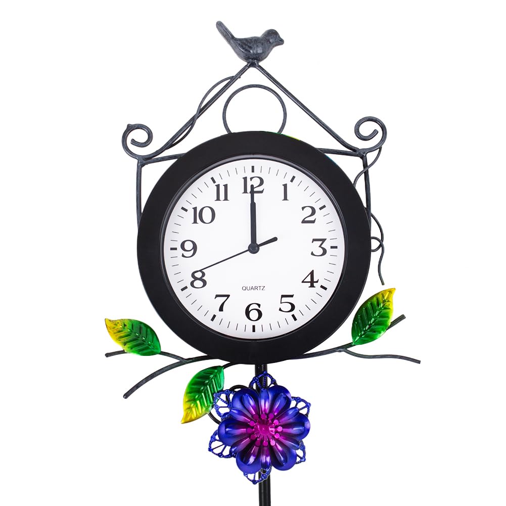 STANKGARDEN Outdoor Clock with Garden Stake, Flower Birdhouse Outdoor Wall Clock Waterproof, Silent No-Ticking Outdoor Clocks for Garden, Patio, Yard, Fence