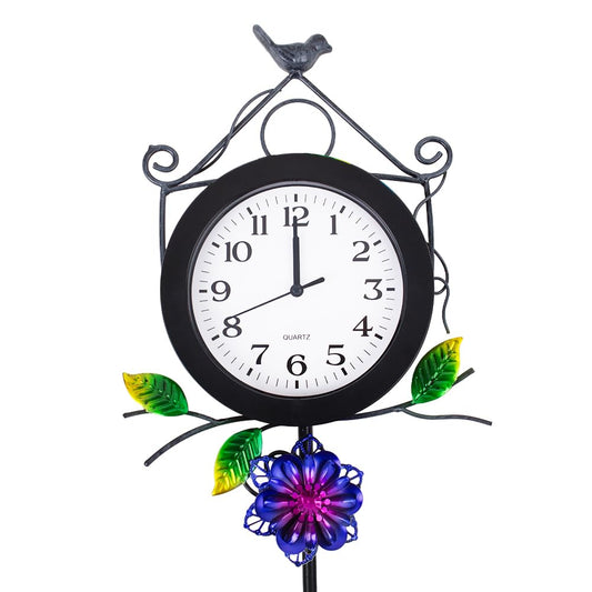 STANKGARDEN Outdoor Clock with Garden Stake, Flower Birdhouse Outdoor Wall Clock Waterproof, Silent No-Ticking Outdoor Clocks for Garden, Patio, Yard, Fence