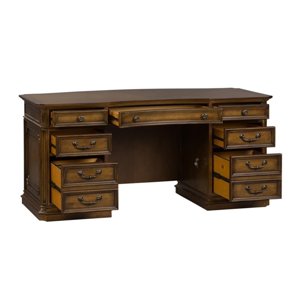 Pemberly Row Jr Executive Office Set, Medium Brown Finish, Antique Toffee Poplar & Birch Veneers, 5-Piece, Includes Desk, Credenza, Hutch, Adjustable Shelves, Touch LED Lighting, Wire Management