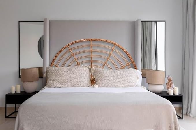direfly Boho Woven Rattan Headboard - Handcrafted Wicker & Solid Wood Frame