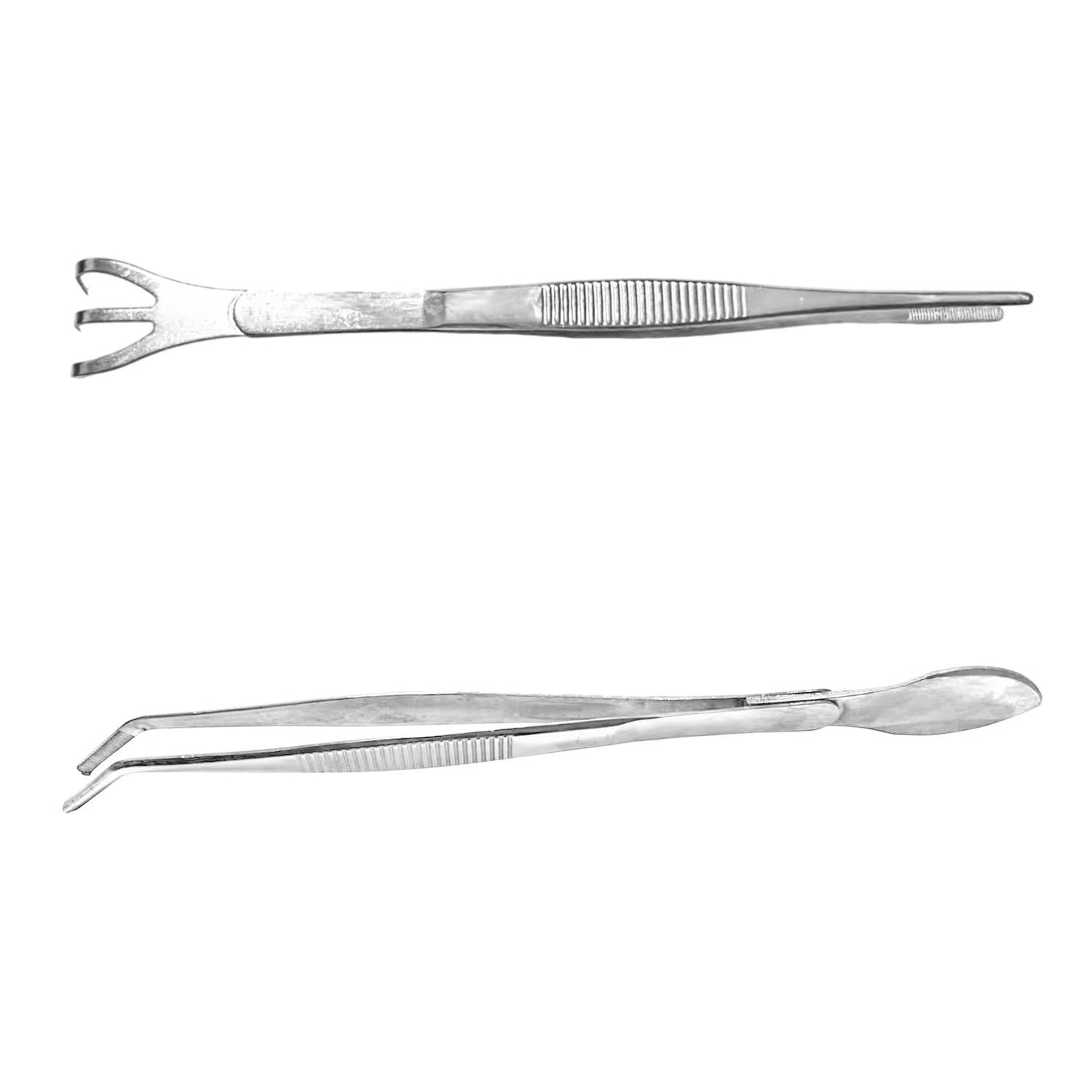 2-in-1 Bonsai Tweezers Set - 8.8" Stainless Steel Long Plant Tweezers with Rake & Spatula Tips, Straight + Curved Tools for Bonsai, Succulents & Terrariums
