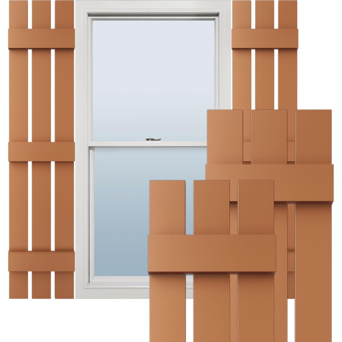 12"W x 55"H Lifetime Vinyl, Standard Three Board Spaced, Board-n-Batten Shutters, w/Installation Shutter-Lok's & Matching Screws (Per Pair), Treated Cedar