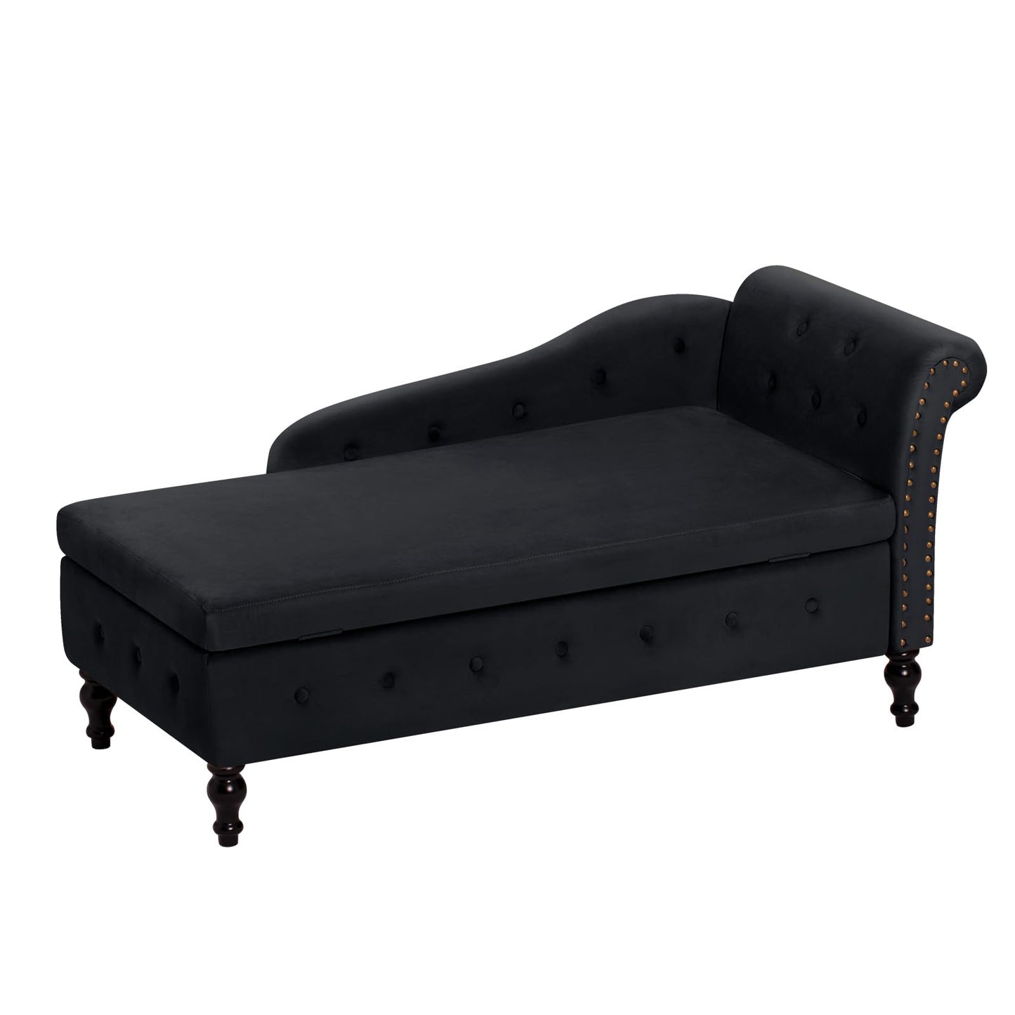 ACMEASE Chaise Lounge with Right Armrest & Lumbar Pillow,Button Tufted Lounge Sofa with Storage,Lounge Chair Indoor,Modern Upholstered Velvet Lounge Chair for Bedroom, Living Room and Office,Black