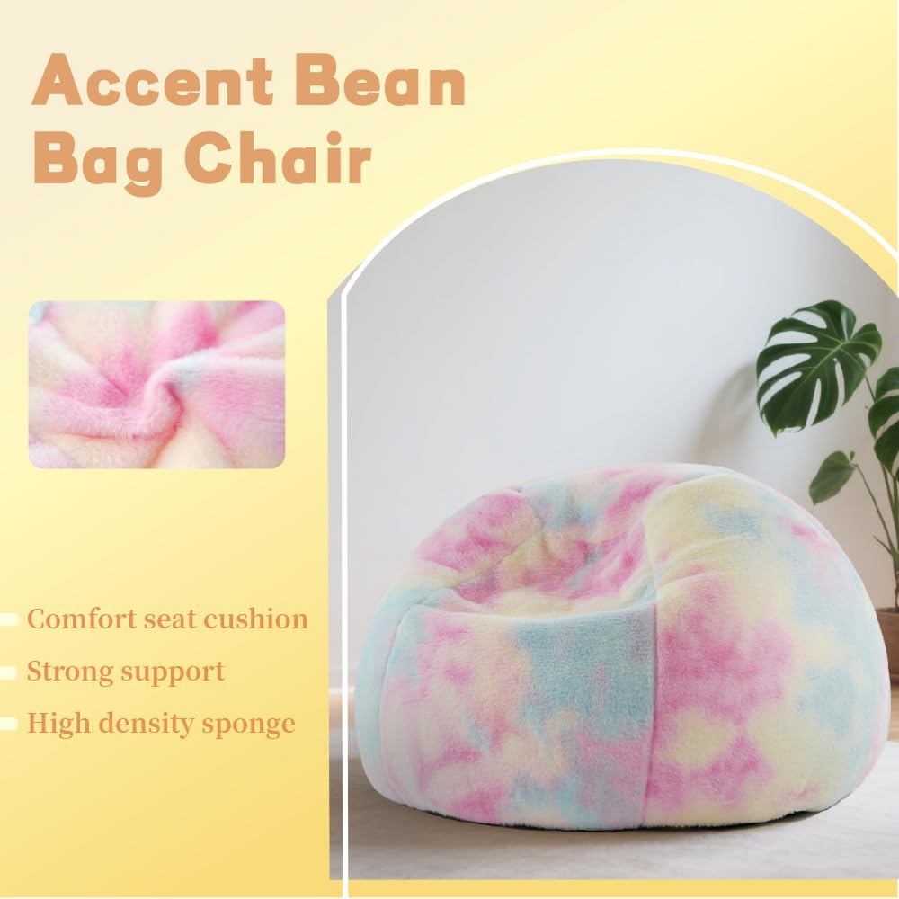 Modern Soft Fluffy Bean Bag Chair With Faux Rabbit Fur Cover, Memory Foam Bean Bag Chairs For Kids Teens, Furry Fuzzy Faux Fur Fabric Beanbag, Round Rainbow Plush Sofa For Bedroom, Living Room, Dorm