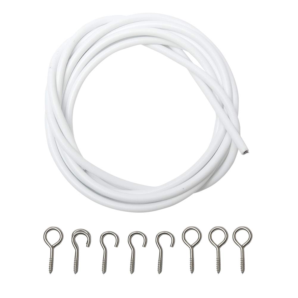 White Net Curtain Wire Kit, No Stretch Hanging Cord, 4 Hooks & 4 Fish Eyes