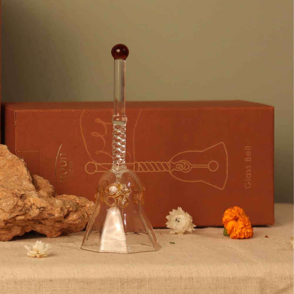 Glass Ringing Bell for Pooja & Mandir | Decorative Temple Bell for Home Decor, Housewarming, Wedding & Festive Gift (Amber)
