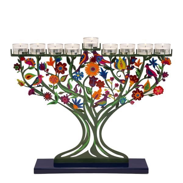 Yair Emanuel Tree of Life Large Hanukkah Menorah for Tea Light Candles - 19.7" - Laser Cut Metal with Hand-Painted Birds and Flowers Judaica Gift