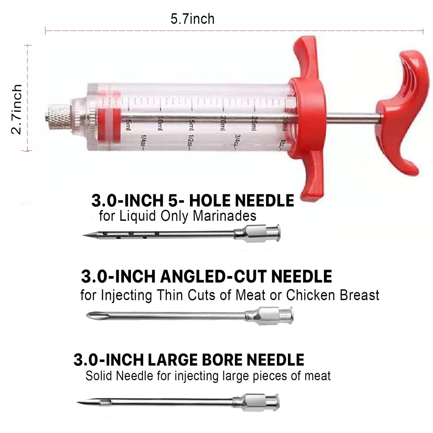 Meat Injector Syringe - 3 Marinade Injector Needles for BBQ Grill, Premium Portable Turkey Injector kit for Smoker,Marinades Injectors for Meats With 1oz Large Capacity 1 Brush Easy to Use & Clean Red