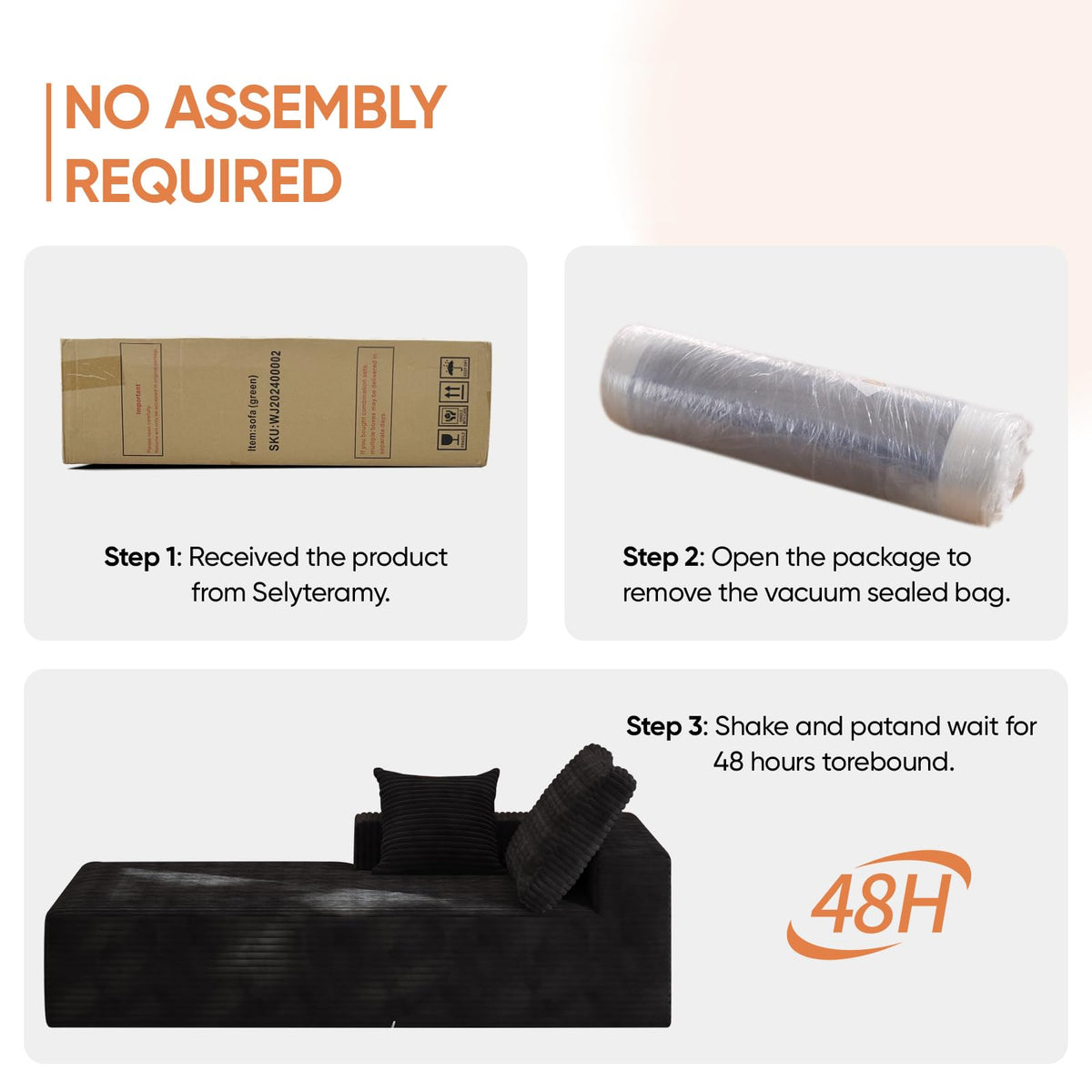 35" Sofa Bed, Boneless Cloud Couch, Rectangular Couch for Living Room, One-Piece Chaise Lounge with Pillows, Flannel Comfy Floor Sofa (Black, Vertical Left Armrest Facing Chaise)