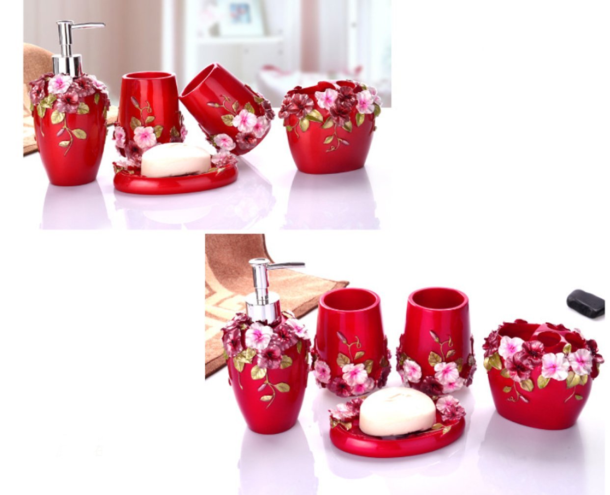 YIYIDA 9pcs Bathroom Set Resin Bathroom Accessories Set Flowers Bloom Luxury Manor Bath Set Soap Dispenser Toothbrush Holder Tumbler Soap Dish