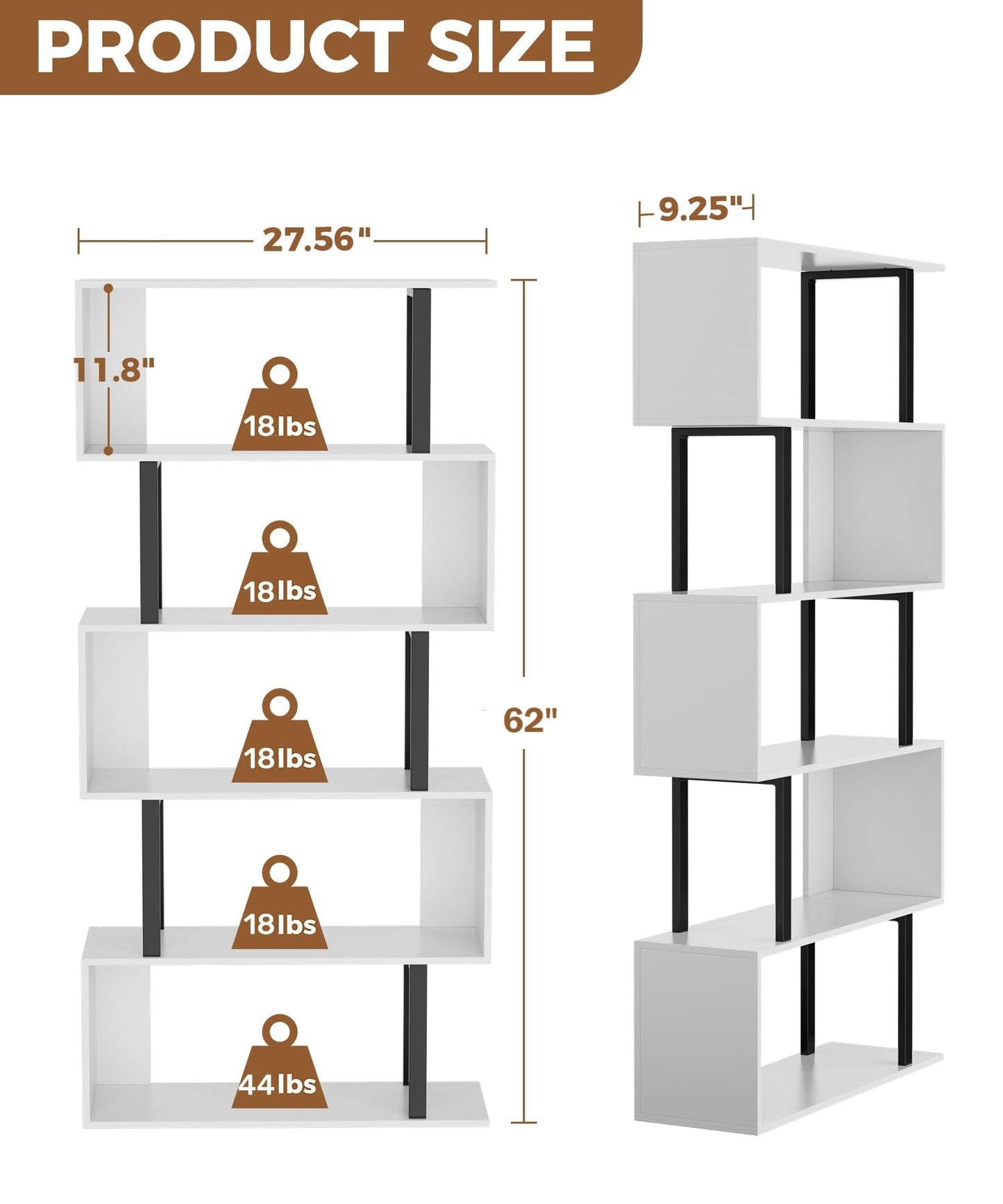 Gadroad 5 Tier Geometric Bookcase,S Shaped Bookshelf, Wood Decorative Storage Shelving, Modern Freestanding Display Shelves, Tall Book Shelf Unit for Living Room Bedroom, White