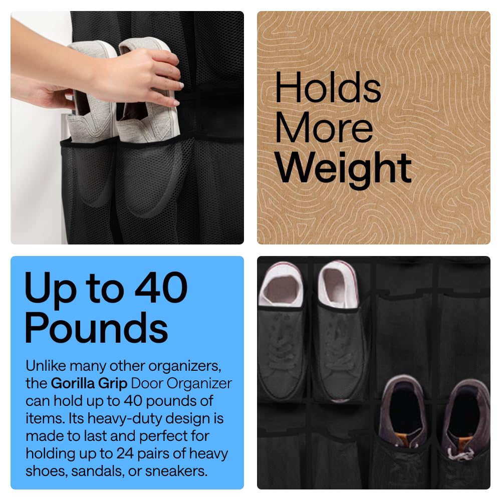 GORILLA GRIP Over the Door Shoe Organizer, 24 Large Pockets, Black