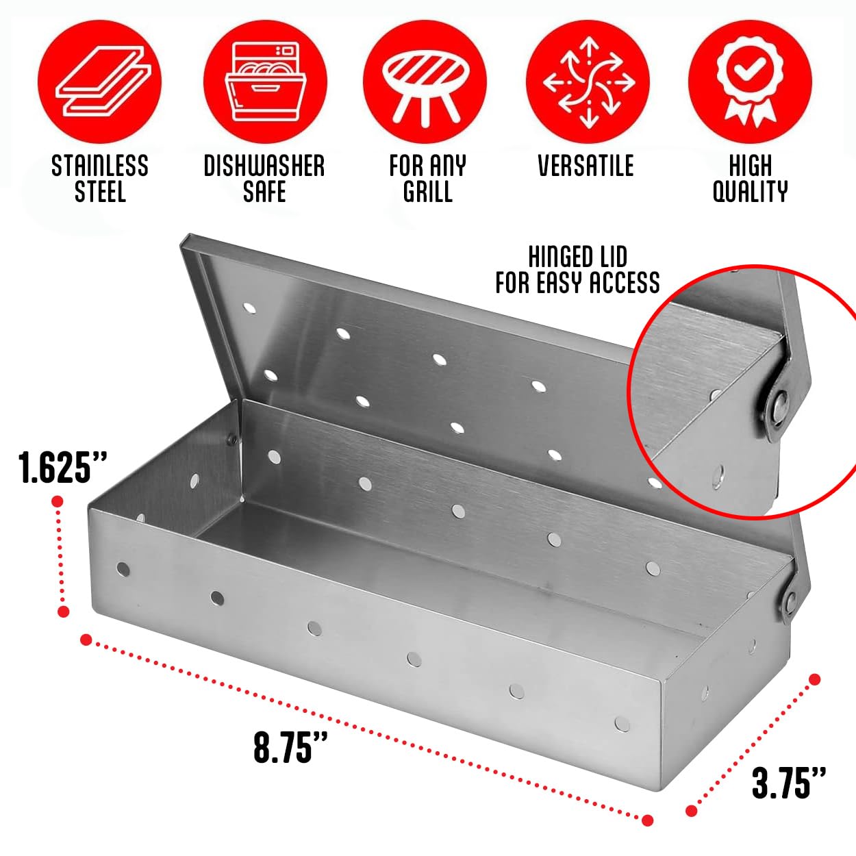 Kaluns Universal Stainless Steel Smoker Box, Gas or Charcoal Grill Smoke Box, Works with Wood Chips, add Delicious Smoked Flavor, Hinged Lid,Warp Free Grill Accessories