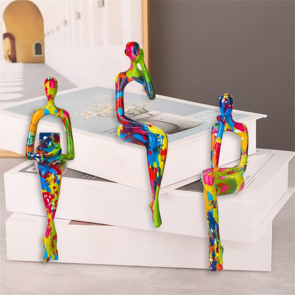 Ecacon 3Pcs Abstract Graffiti Art Thinker Statue, Reading Women Sculptures
