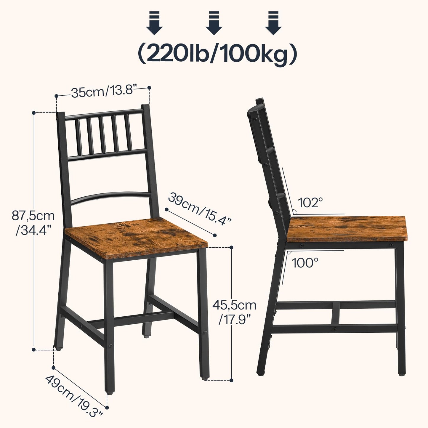HOOBRO Dining Chairs Set of 2, Wooden Kitchen Chairs with Metal Frame, Industrial Dining Chairs with Back, Easy to Assemble, Farmhouse Dining Chairs for Living Room, Rustic Brown and Black BF39CD01