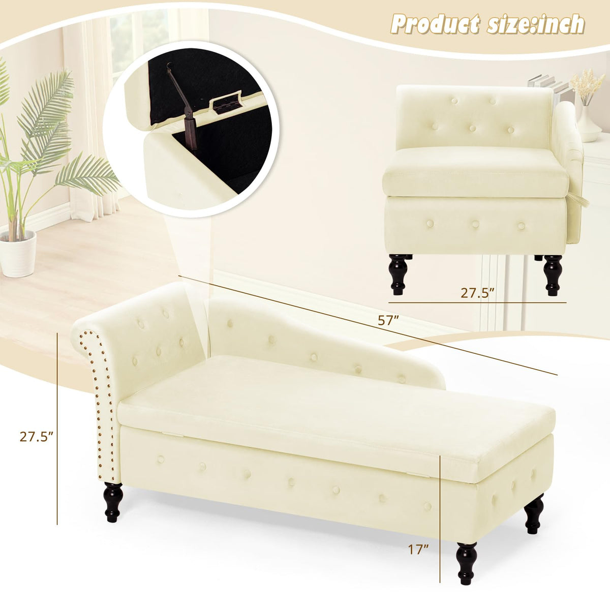ACMEASE Velvet Chaise Lounge w/Left Armrest & Storage Space, Beige