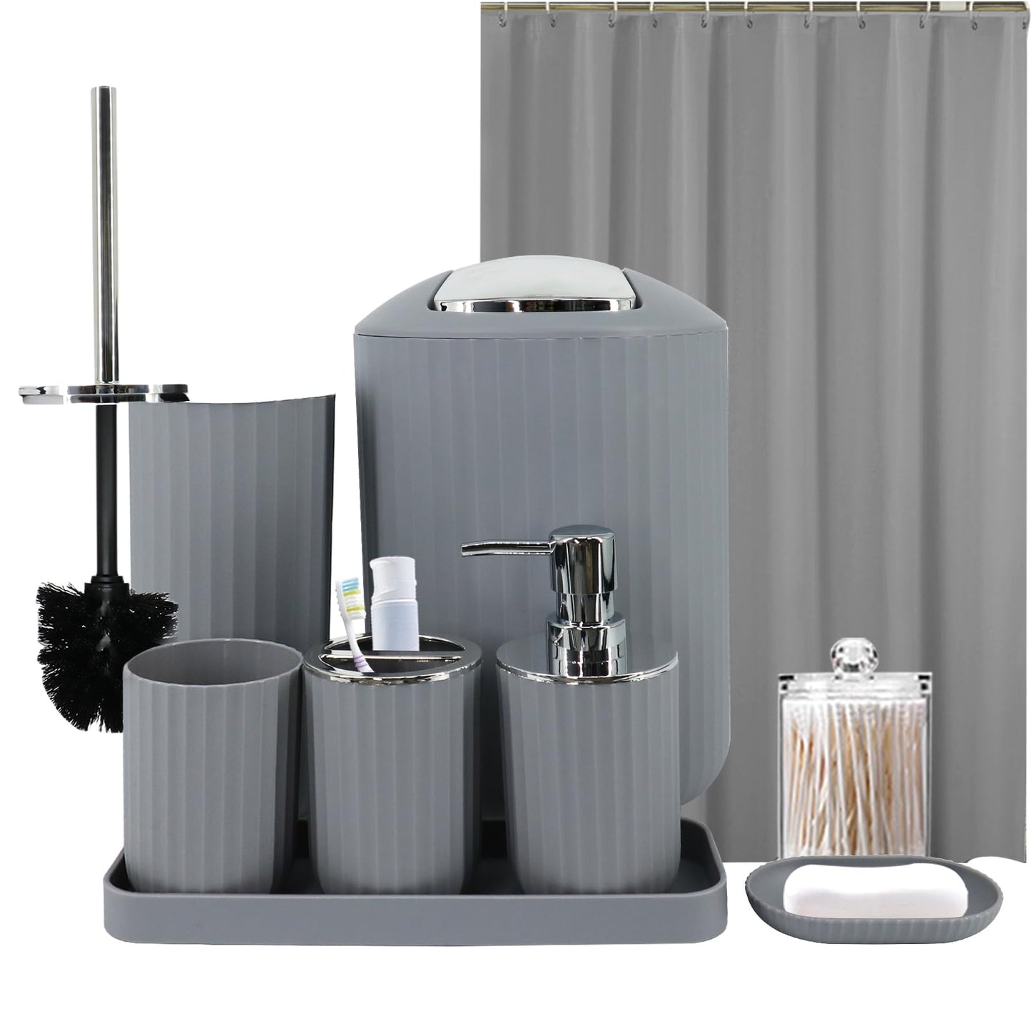Grey Bathroom Accessories Set with Shower Curtain, Trash Can, Lotion Soap Dispenser, Soap Dish, Toothbrush Holder, Toothbrush Cup, Toilet Brush Holder and Tray for Bathroom Decor
