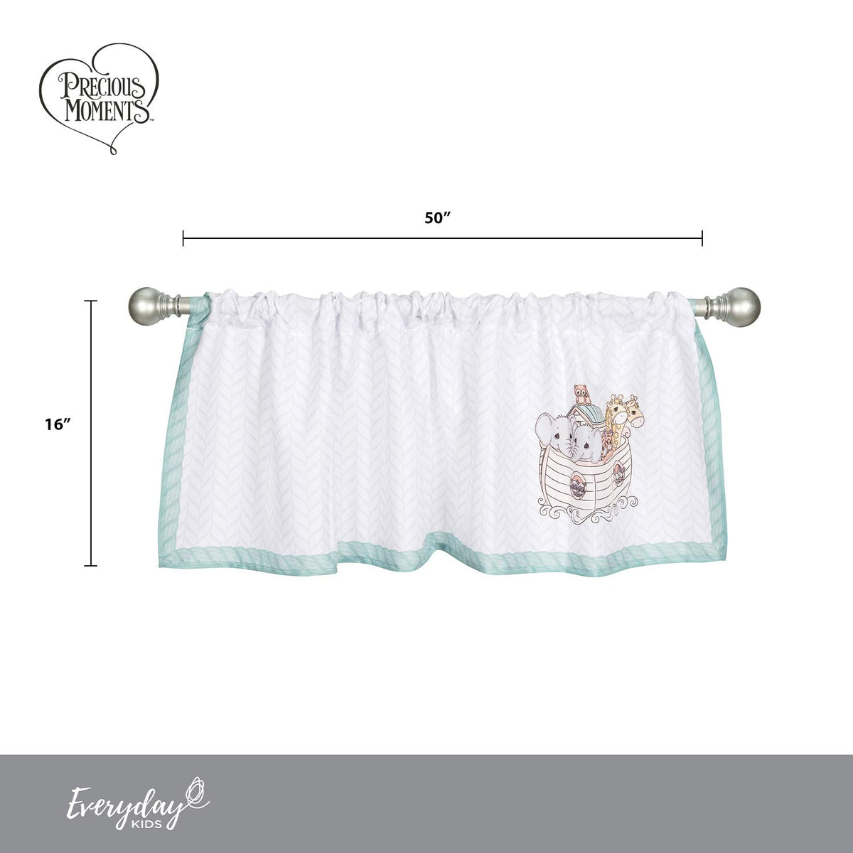 EVERYDAY KIDS Precious Moments Noah’s Ark Window Valance for Toddler and Baby Boys Animal Image of Giraffes, Tigers and Elephants on the Ark with Blue Border - 60x15” Window Décor for Children