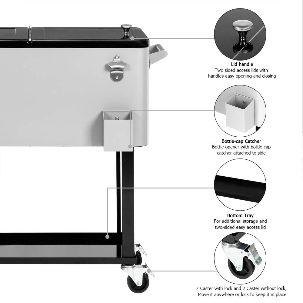 VINGLI 80 Quart Rolling Ice Chest, Portable Patio Party Bar Drink Cooler Cart, with Shelf, Beverage Pool with Bottle Opener,Grey