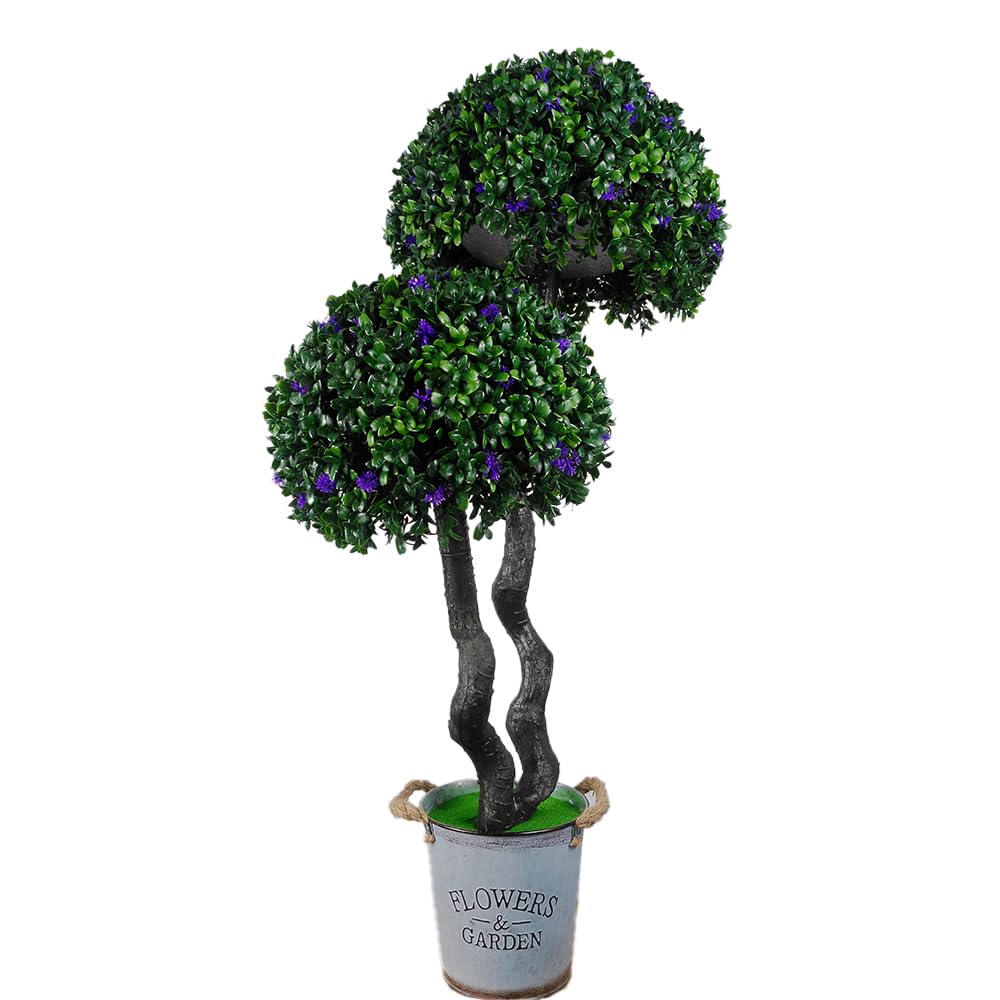 3 Ft Artificial Double Ball Boxwood Lavender Topiary Tree; UV-Resistant Artificial Shrub Suitable for Indoor and Outdoor use on porches and in Gardens as an Imitation Evergreen Shrub